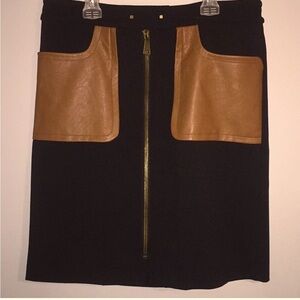 Tracy Reese zip up faux leather pocket black and brown skirt - size Large